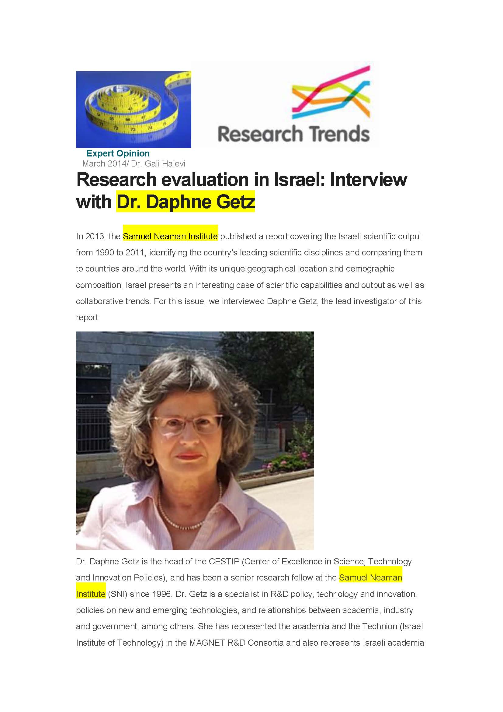 Research evaluation in Israel: Interview with Dr. Daphne Getz